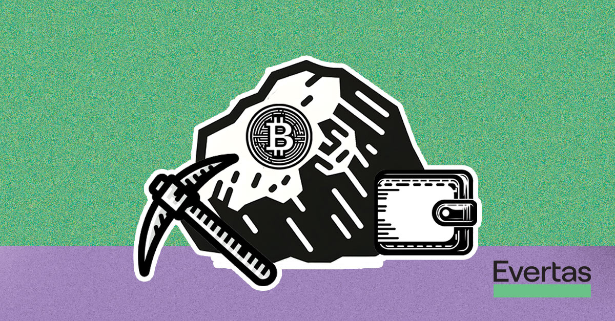 What is Crypto Insurance? an illustration of a pickaxe, one bitcoin, a boulder and a wallet with the evertas logo, used to suggest things covered by crypto insurance
