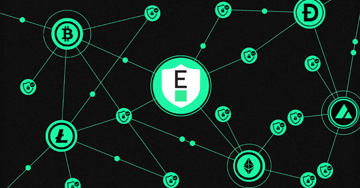 Crypto Firefighters Bright green circles with cryptocurrency logos in the circles over a black background. In the center of the circles is a large circle with a 'E' Evertas logo and shield