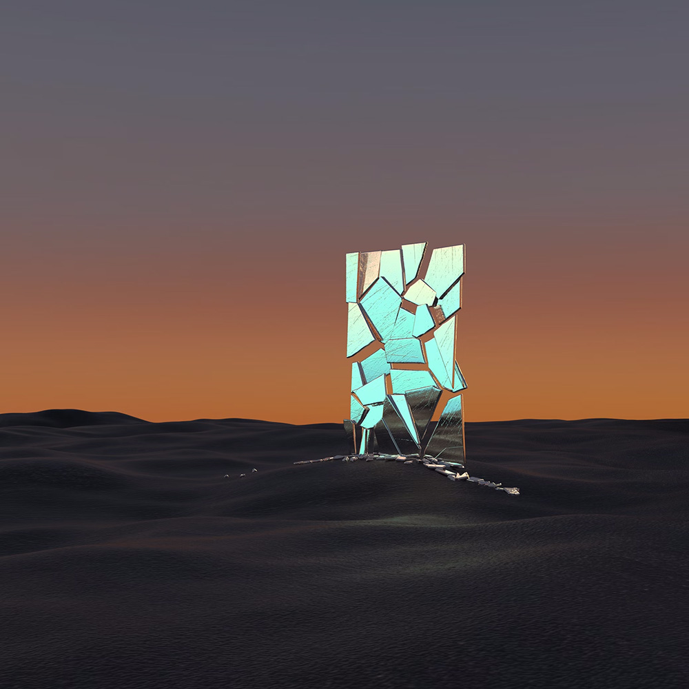 Self Insurance and the Illusion of Protection Picture of the sky with orange and blue hues, meeting sand. There is a graphic of a standing broken mirror in the middle of the photo