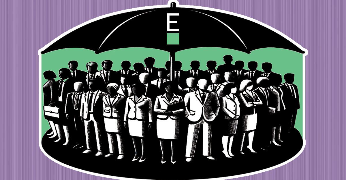 D&O Insurance for the Digital Assets Market, New From Evertas A group of executives with Directors and Officers Insurance are shielded by an umbrella featuring the Evertas logo
