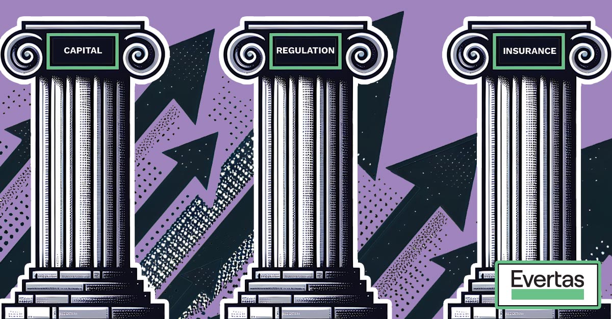 Scalability of Fiat Insurance for Digital Assets illustration of three pillars labeled Capital, Regulation, and Insurance in front of arrows moving upwards