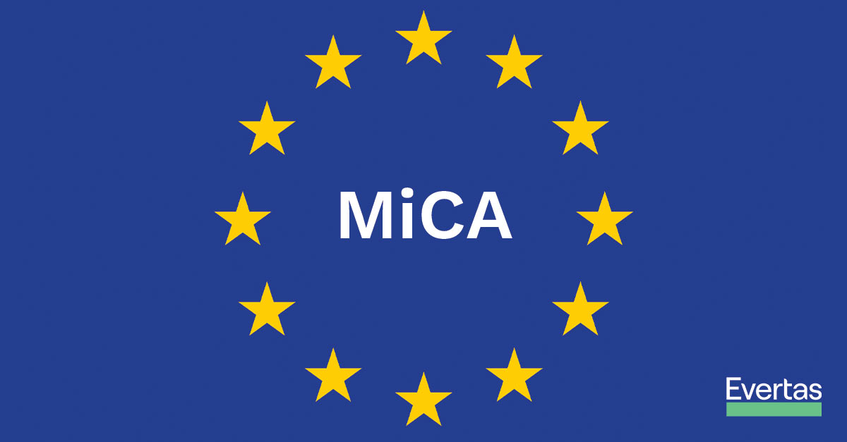 Future Trends in Cryptocurrency Regulations the european union flag with mica written within the stars and the evertas logo in the corner