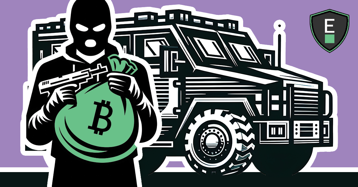 Illustration of robber holding a sack of bitcoin outside an armored car
